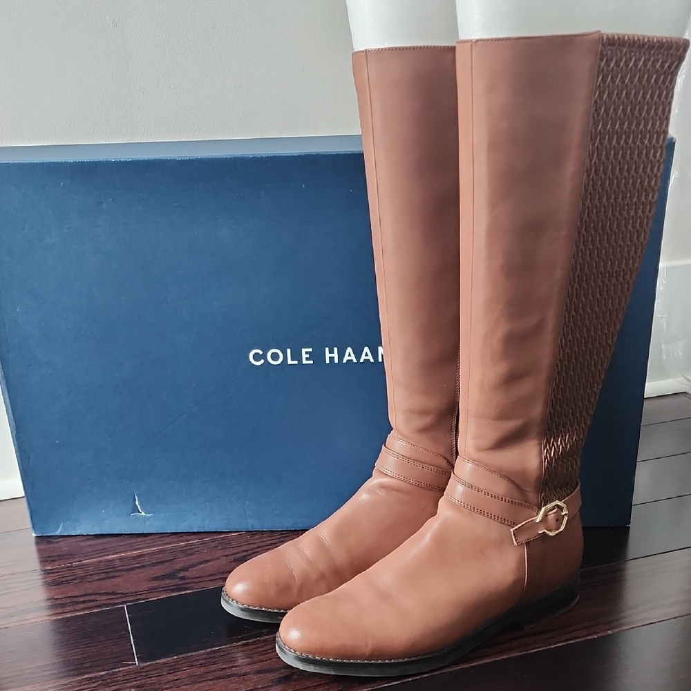 Cole Haan Leela Grand Riding Brown Leather Pleated Zip Up Tall Boots